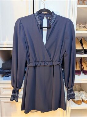 Zara Navy Long-Sleeve Wrap Dress with Smocked Trim